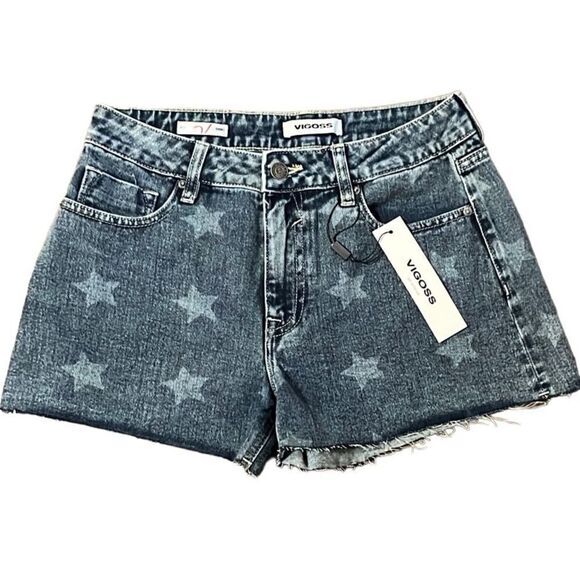 Vigoss Ace Shorts Size 27 Blue High Rise Star Deco New Raw Edge Hem Denim NWT - Picture 4 of 10